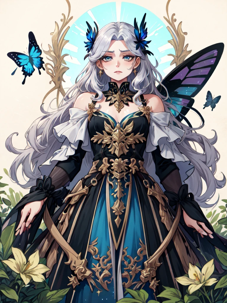 a vision of fey beauty, with androgynous features framed by cascading silver hair adorned with delicate flowers and shimmering butterfly wings that flutter behind him. His eyes hold a mischievous sparkle, reflecting the ever-changing hues of the enchanted forest. He dresses in elaborate, enchanting attire that seems to shift and change with his mood, embodying the whimsy of the fey realms.