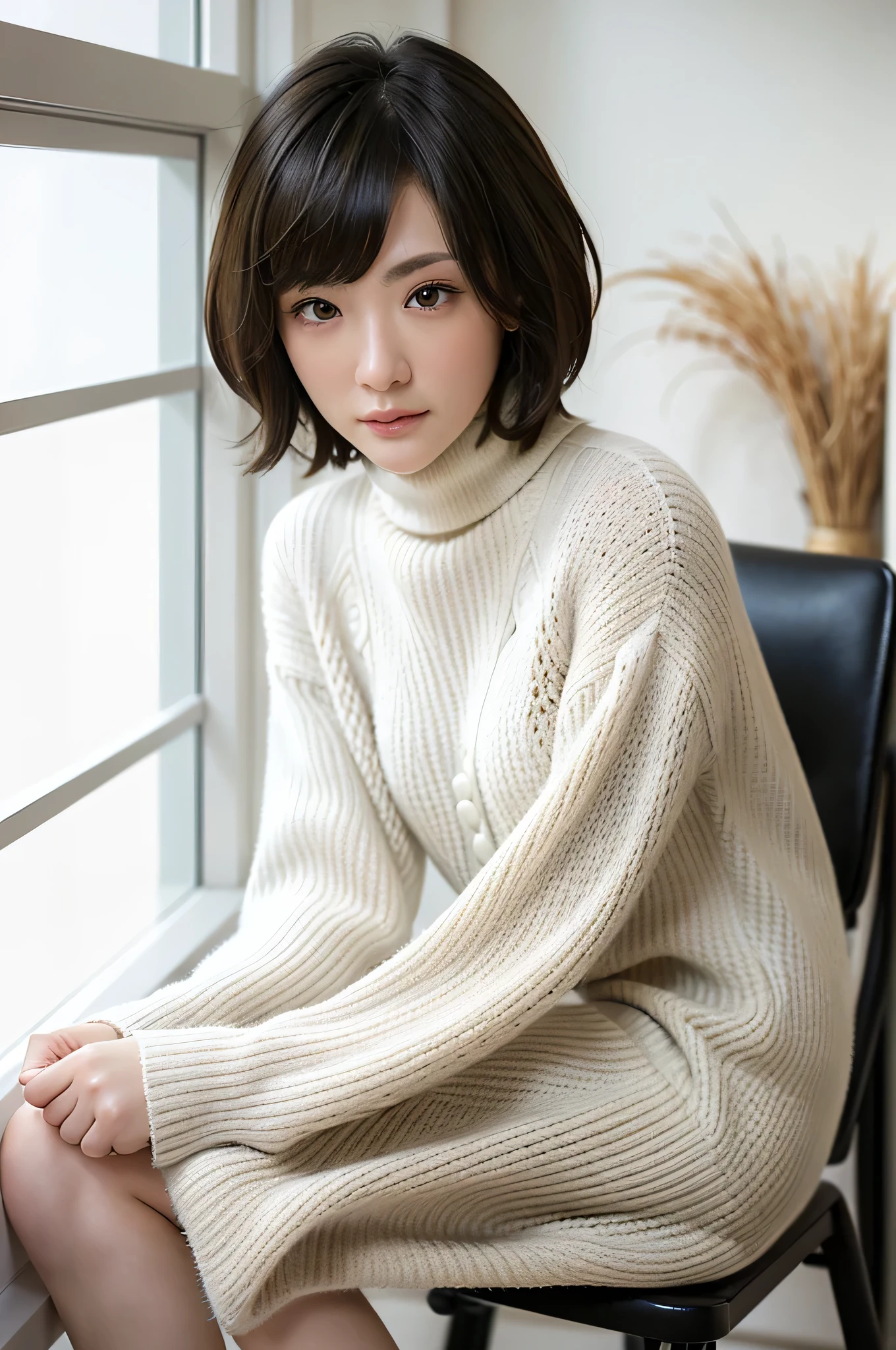 full body, (turtleneck cable knit oversized sweater dress:1.2), wool, 1girl,solo,
(8k, RAW photo, best quality, masterpiece:1.3),(realistic, photo-realistic:1.37),realistic skin texture,(photorealistic:1.3),(hyperrealistic:1.2), (short hair:1.4) , leaning forward, (white colored clothes:1.9)