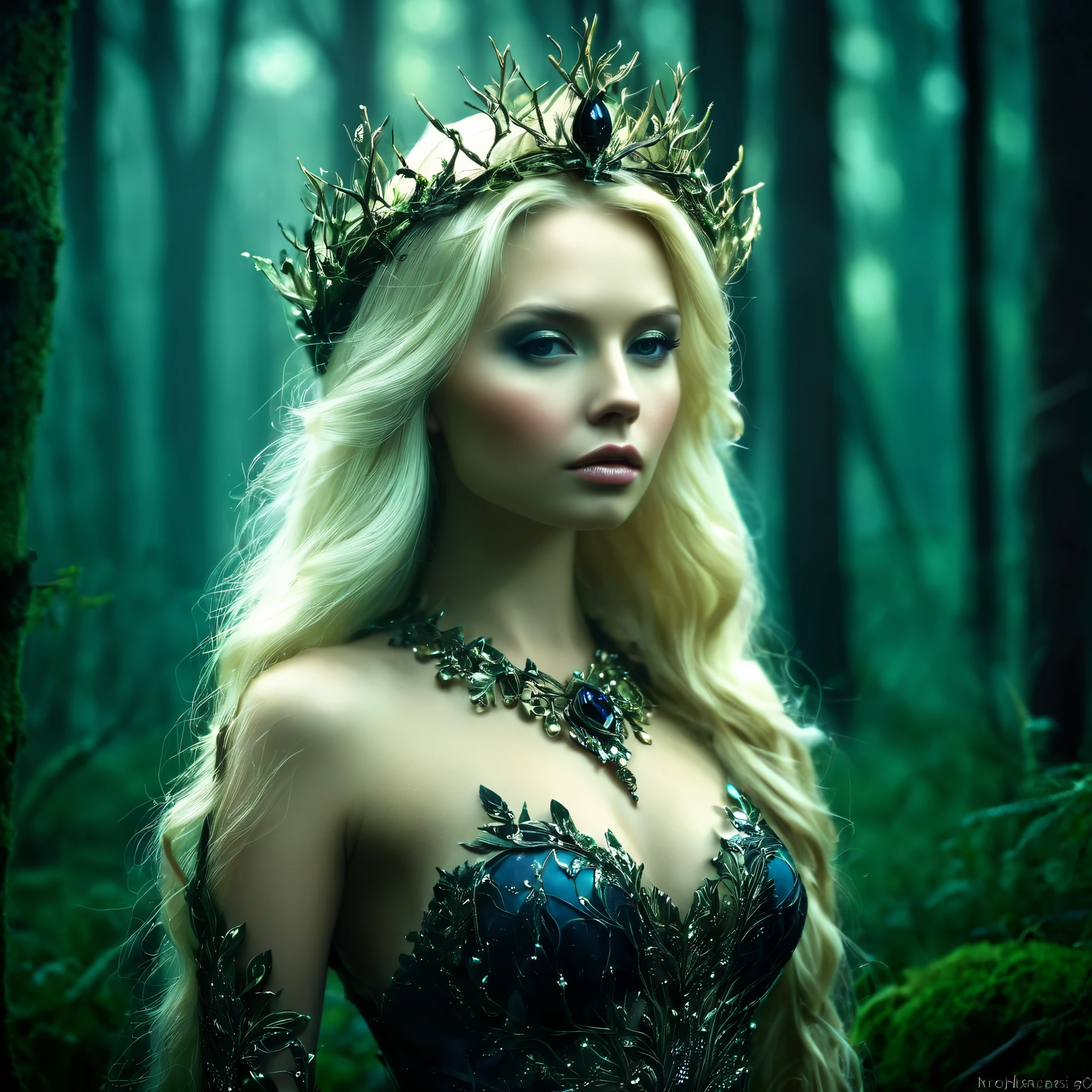 Rainha loira da floresta em fantasia sombria