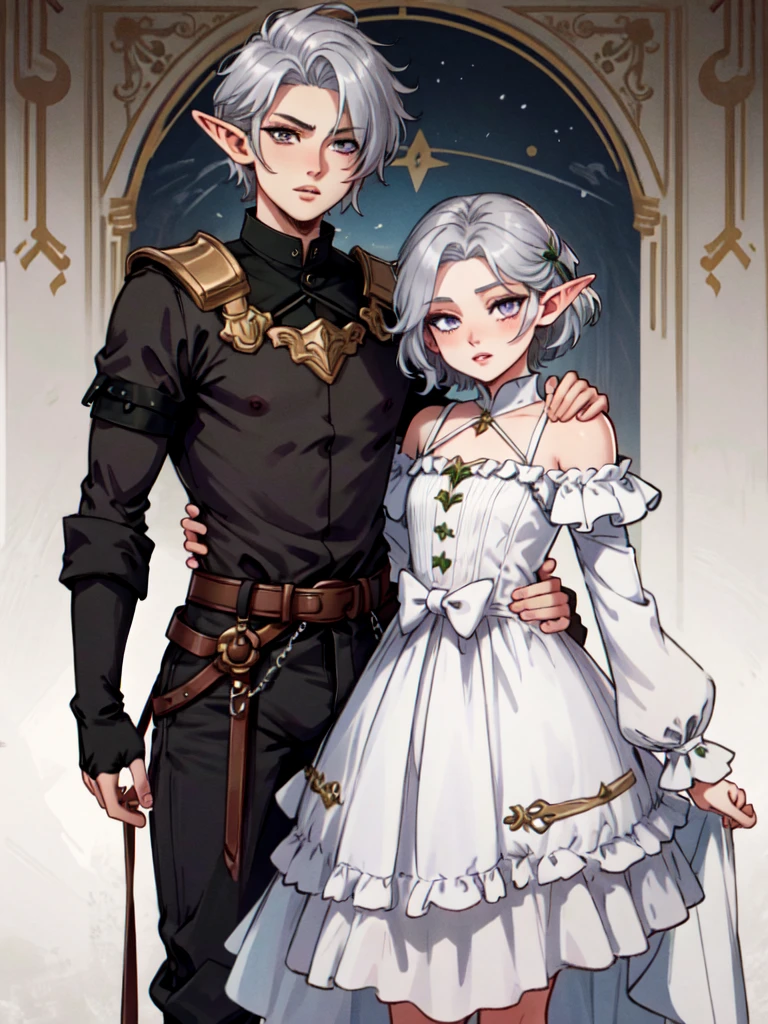 elf, fey, short hair, silver hair, short silver hair, silver eyes, femboy, dress, male, enchanting, fair skin, full lips