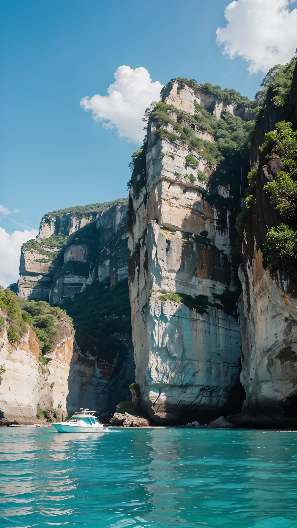 A breathtaking view of a secluded beach cove, surrounded by towering cliffs, with turquoise blue water and a boat visible.