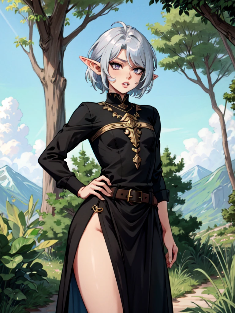 elf, fey, short hair, silver hair, short silver hair, silver eyes, femboy, dress, male, enchanting, fair skin, full lips, full hips