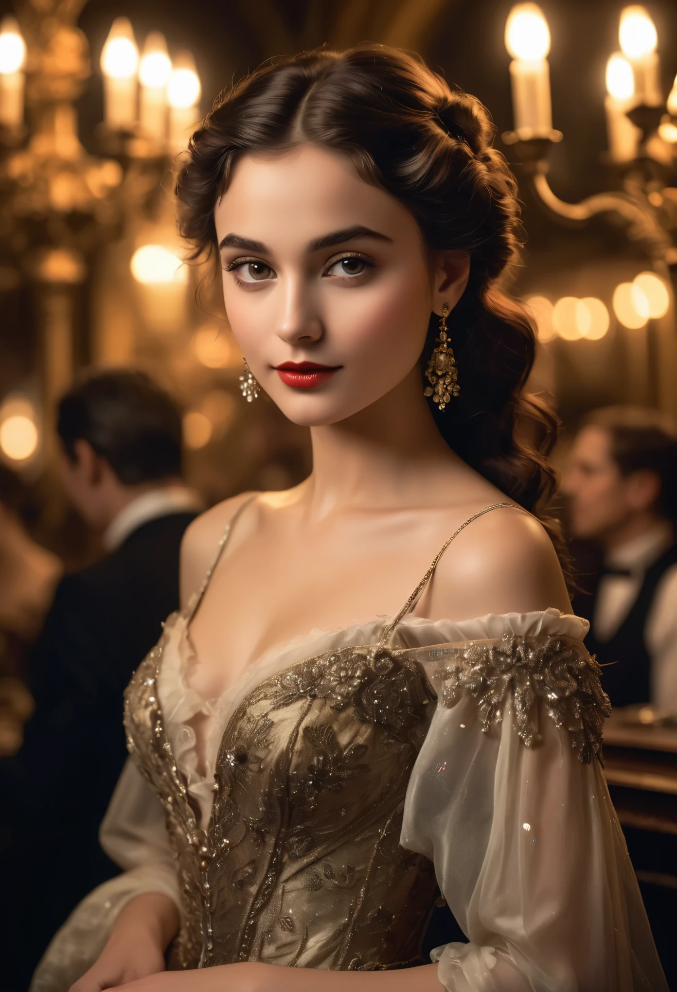 (highres,masterpiece:1.2),(realistic:1.37)"(best quality, highres, ultra-detailed, realistic) the dimly lit ambiance of 19th-century Paris, amidst the swirling smoke of cigars and the dulcet tones of live music, there stands a captivating figure—a 17-year-old cabaret dancer. Her portrait exudes an aura of allure and elegance, capturing the essence of a bygone era.

With an enigmatic smile playing upon her lips, she gazes into the distance with eyes that sparkle like diamonds, reflecting the flickering candlelight. Her delicate features are framed by cascades of ebony curls, styled in the fashion of the times, adorned with a single, crimson rose nestled amidst the dark waves.

Draped in silken fabrics that seem to shimmer with every graceful movement, she embodies both youth and sophistication. The curves of her slender frame are accentuated by the intricate lace and satin of her costume, a testament to the meticulous craftsmanship of Parisian couture.

In her poised stance, there is a hint of defiance mingled with vulnerability—a young woman navigating the complexities of life in the bustling metropolis. Yet, beneath the surface, lies a spirit untamed, a spirit that finds  in the rhythm of the dance, and solace in the whispered secrets of the night.

Captured in brushstrokes that evoke the romance and mystique of Parisian cabaret culture, this portrait immortalizes a fleeting moment of youth and beauty—a testament to the timeless allure of the belle époque.





