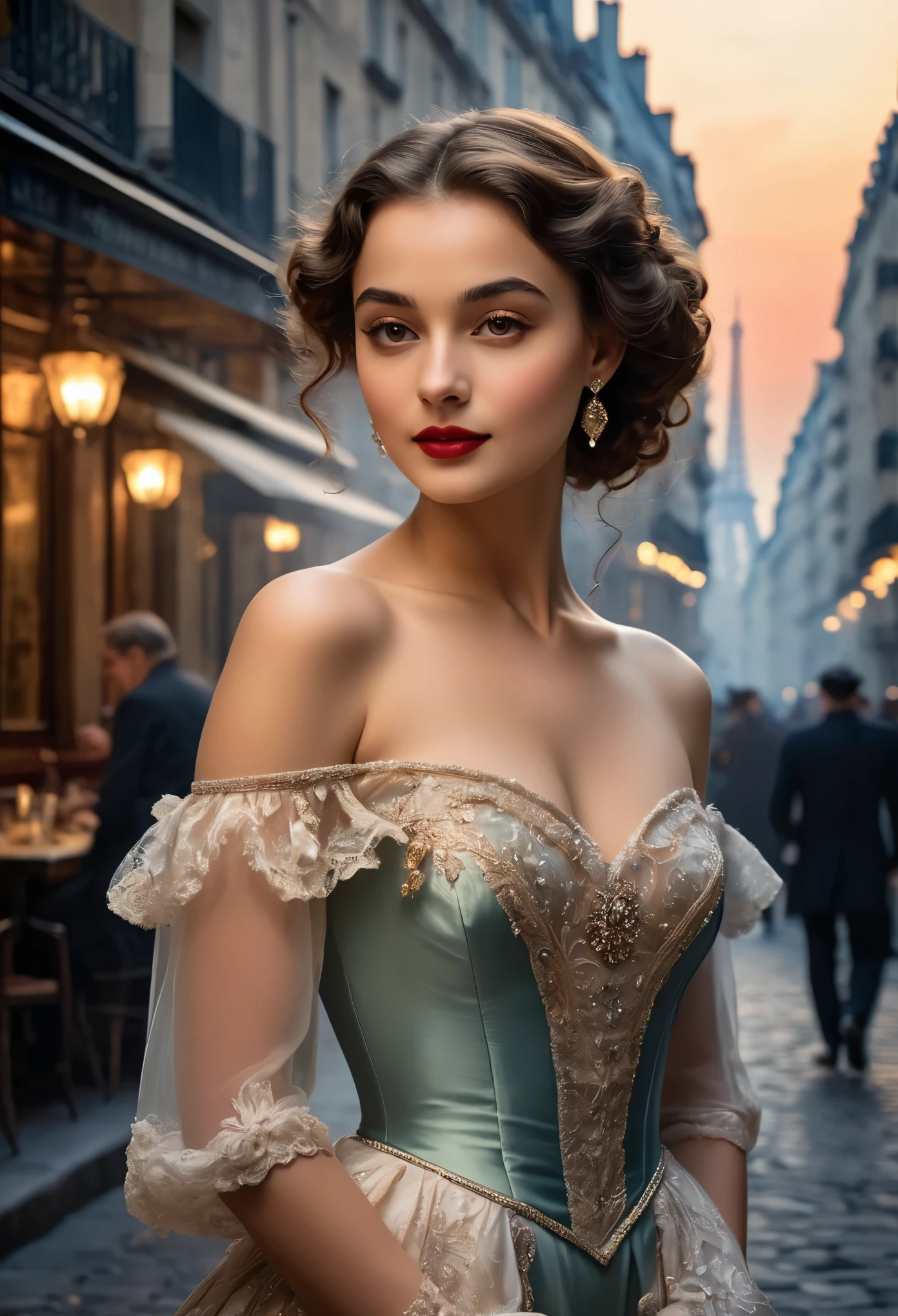 (highres,masterpiece:1.2),(realistic:1.37)"(best quality, highres, ultra-detailed, realistic) the dimly lit ambiance of 19th-century Paris, amidst the swirling smoke of cigars and the dulcet tones of live music, there stands a captivating figure—a 17-year-old cabaret dancer. Her portrait exudes an aura of allure and elegance, capturing the essence of a bygone era.

With an enigmatic smile playing upon her lips, she gazes into the distance with eyes that sparkle like diamonds, reflecting the flickering candlelight. Her delicate features are framed by cascades of ebony curls, styled in the fashion of the times, adorned with a single, crimson rose nestled amidst the dark waves.

Draped in silken fabrics that seem to shimmer with every graceful movement, she embodies both youth and sophistication. The curves of her slender frame are accentuated by the intricate lace and satin of her costume, a testament to the meticulous craftsmanship of Parisian couture.

In her poised stance, there is a hint of defiance mingled with vulnerability—a young woman navigating the complexities of life in the bustling metropolis. Yet, beneath the surface, lies a spirit untamed, a spirit that finds  in the rhythm of the dance, and solace in the whispered secrets of the night.

Captured in brushstrokes that evoke the romance and mystique of Parisian cabaret culture, this portrait immortalizes a fleeting moment of youth and beauty—a testament to the timeless allure of the belle époque.





