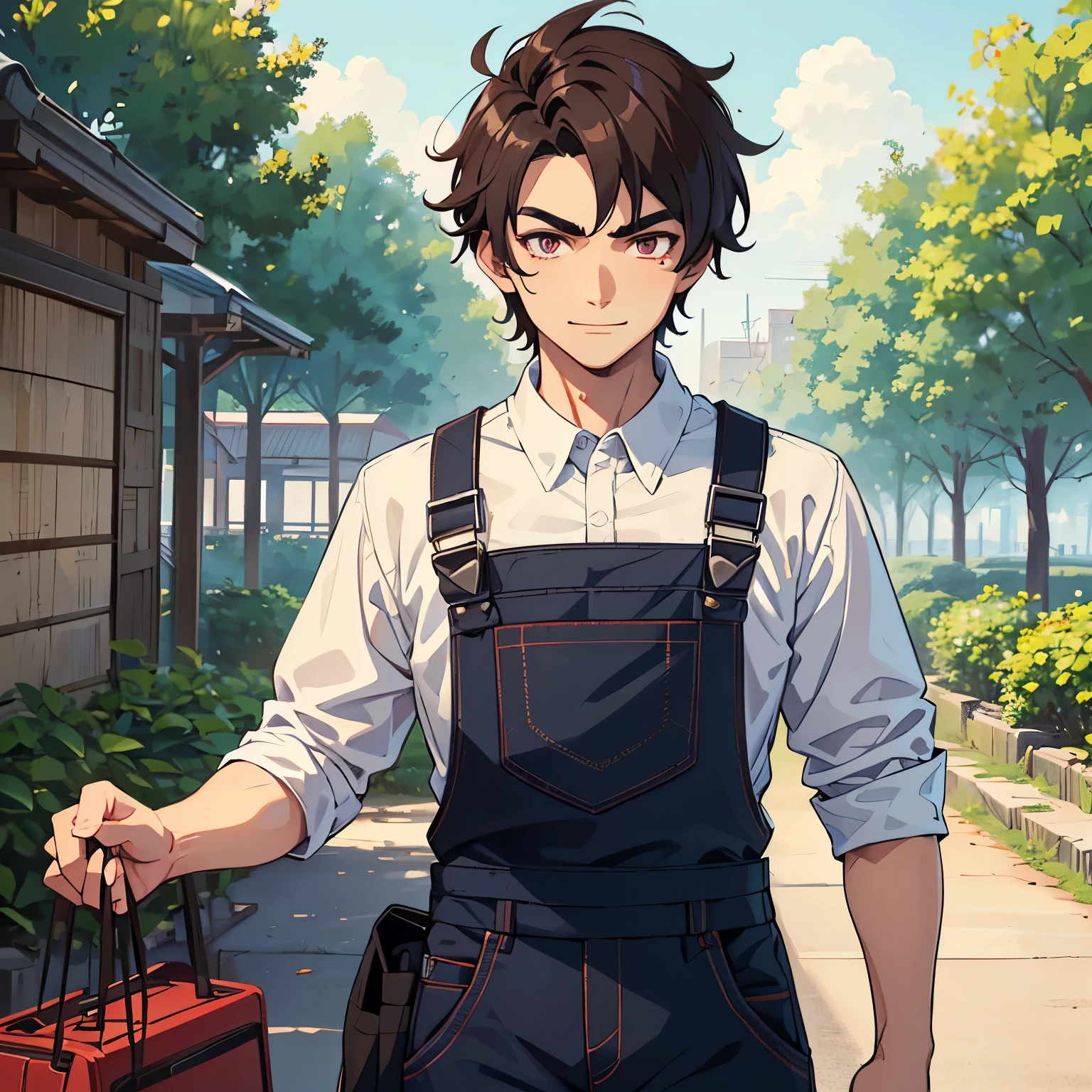 Attractive nean, condescending and arrogant young man around 18. Dark brown messy hair with thick bushy eyebrows, a mean, hateful smile looking down at you as he wears a farm outfit of red tantern  shirt and blue ripped overalls in Anime art style.