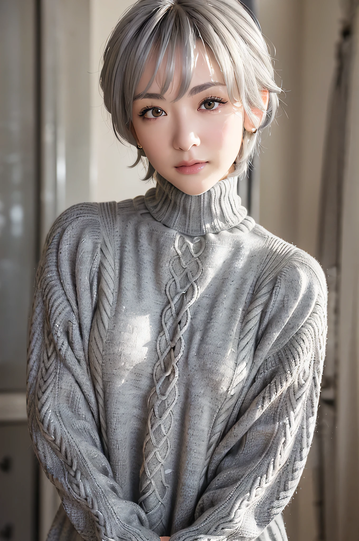 full body, (turtleneck cable knit oversized sweater dress:1.2), wool, 1girl,solo,
(8k, RAW photo, best quality, masterpiece:1.3),(realistic, photo-realistic:1.37),realistic skin texture,(photorealistic:1.3),(hyperrealistic:1.2), (short hair:1.4) , leaning forward, (light-grey colored clothes:1.7), (silver hair:1.4)