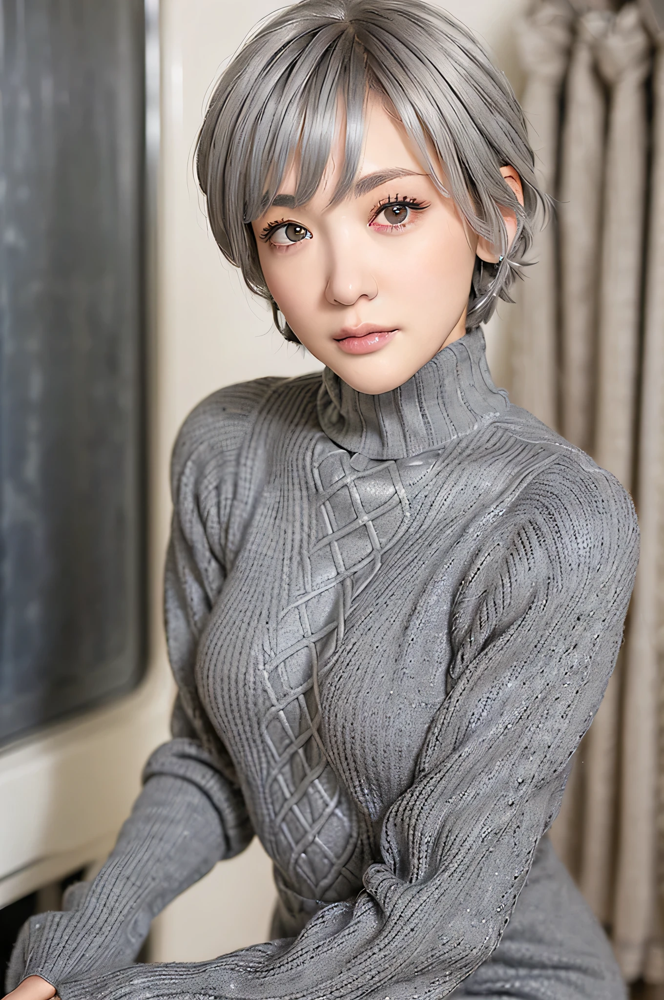 full body, (turtleneck cable knit oversized sweater dress:1.2), wool, 1girl,solo,
(8k, RAW photo, best quality, masterpiece:1.3),(realistic, photo-realistic:1.37),realistic skin texture,(photorealistic:1.3),(hyperrealistic:1.2), (short hair:1.4) , leaning forward, (light-grey colored clothes:1.7), (silver hair:1.4)