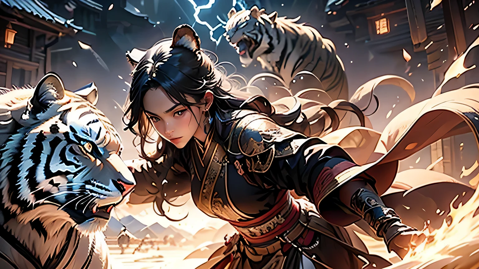 (Mountainagical scene,in the sky，magical，Magical，There is a young woman fighting a man with a tiger&#39;s head，Lightning surrounds，The battle was fierce，Hanfu，Black long hair，White clotheagic