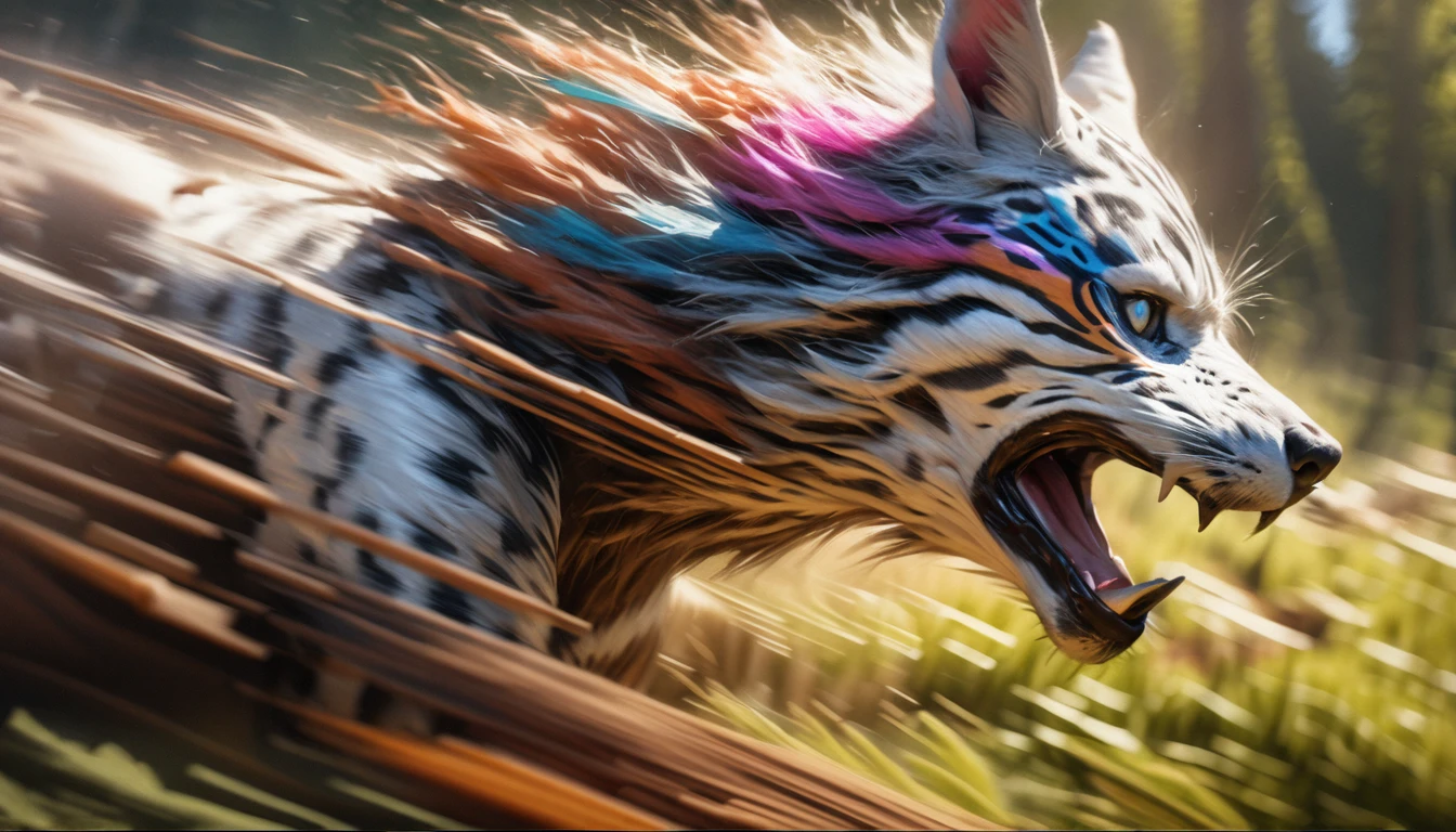 (best quality,4k,8k,highres,masterpiece:1.2),(motion blur:1.5), ultra-detailed,(realistic,photorealistic,photo-realistic:1.37),(profile shot:1.5),Gepard,painting,wild run, run very fast,motion blurred background,(motion blur shows the speed at which gepard run), fullmoon, horror, detailed fur texture,motion blurred scenery,  motion blured lines, immersive motion blured forest environment.