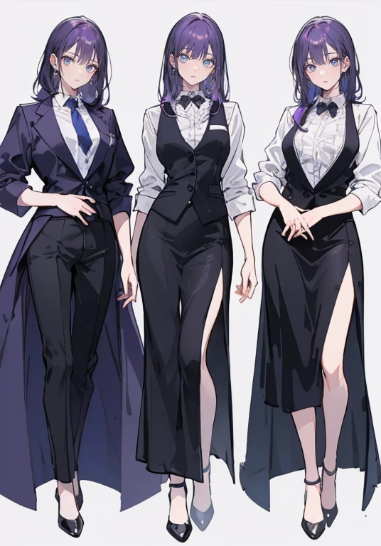 ((Perfect Face)),Purple Hair,voluminous long hair,1 female,bartender,suit,Black vest,Shirt with rolled up sleeves,tie,slit,High heels,,((Simple Background)),smile,((whole body)),((whole body)),Portraiture,virtual,upright,,both arms are down,Standing upright with face and body facing forward,