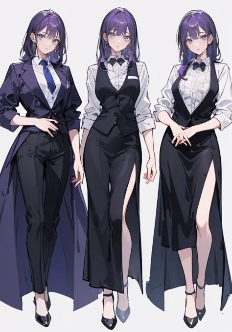 ((perfect face)),purple hair,voluminous long hair,1 female,bartender,suit,black vest,shirt with rolled up sleeves,tie,slit,high ...