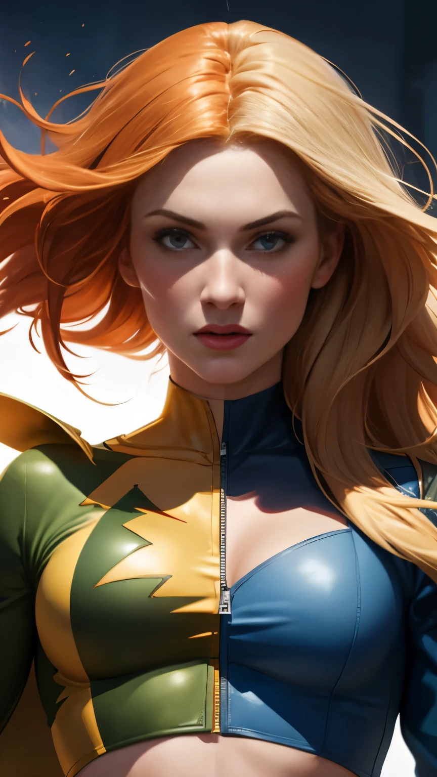 (High resolution), (highly detailed), (high quality,) realistic, beautiful, BREAK 1girl, jean-grey, SplitScreen, split screen, close-up, orange hair, red leather unzip crop top jacket, black top shirt, red gloves, BREAK 1girl, Emma Frost, SplitScreen, split screen, close-up, blonde hair, white leather unzip crop top jacket, blue top shirt, white gloves,