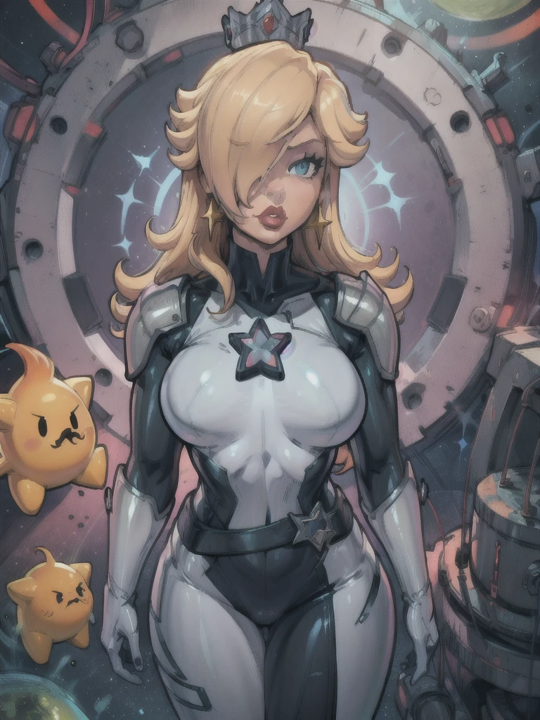 una MILF rosalina en traje espacial con una estrella en el pecho, guardián estelar inspirado, retrato de una heroína de anime femenina con curvas, delineado!!!, arte lineal!!, female protagonist, Arte conceptual!!, fanart detallado, traje de cuerpo armadura chica, 