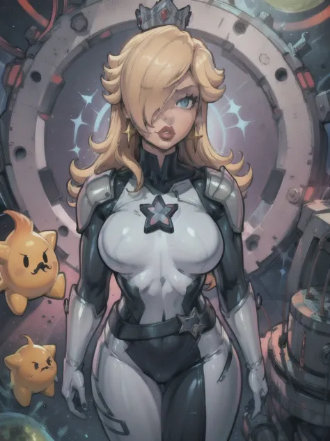 a milf rosalina in a space suit with a star on her chest, star guardian inspired, portrait of a curvy female anime hero, outline...