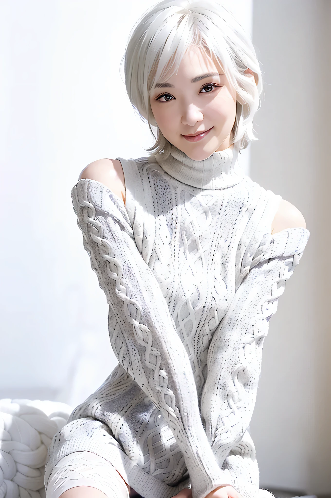 (red lips:1.4), full body, (turtleneck cable knit oversize sweater dress:1.5), , 1girl,solo,
(8k, RAW photo, best quality, masterpiece:1.3),(realistic, photo-realistic:1.37),realistic skin texture,(photorealistic:1.3),(hyperrealistic:1.2), (short hair:1.4) , seducting pose, (white colored clothes:1.7), (white hair:1.7), (seducting smile:1.4), (detached sleeves:1.4), (cheek dimples:1.4), (narrow shoulders:1.7), earrings, golden necklace, 