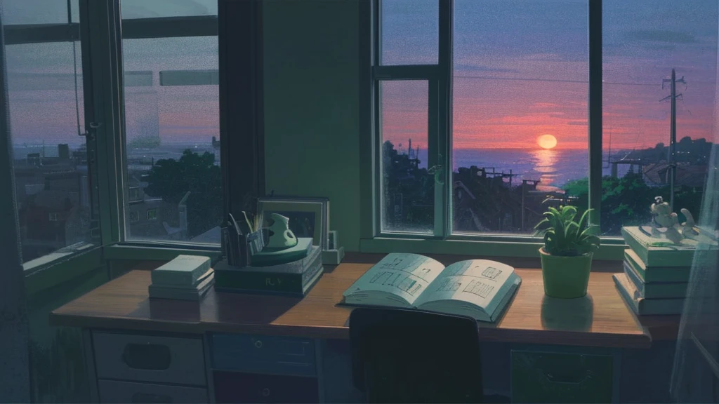 Studying at my desk while listening to lo-fi music,1 girl,I have headphones on,Out of the window, I can see the sea at dusk,Ghibli-style anime,Anime Style