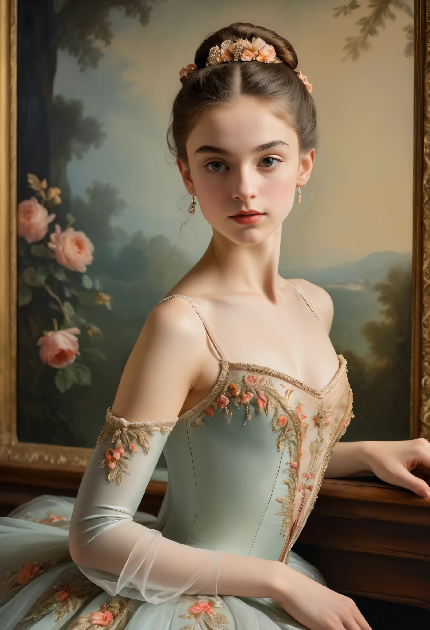 (haute résolution,chef-d&#39;œuvre:1.2),(Réaliste:1.37)"(Meilleure qualité, haute résolution, ultra-détaillé, Réaliste),magnifique portrait du XIXe siècle d'une danseuse de ballet française, costume de ballet élaboré, traits du visage détaillés, long cou gracieux, mèches de cheveux fluides, posture posée et élégante, Éclairage doux et délicat, médium classique pour peinture à l&#39;huile, couleurs vives, fond subtil avec des motifs floraux"