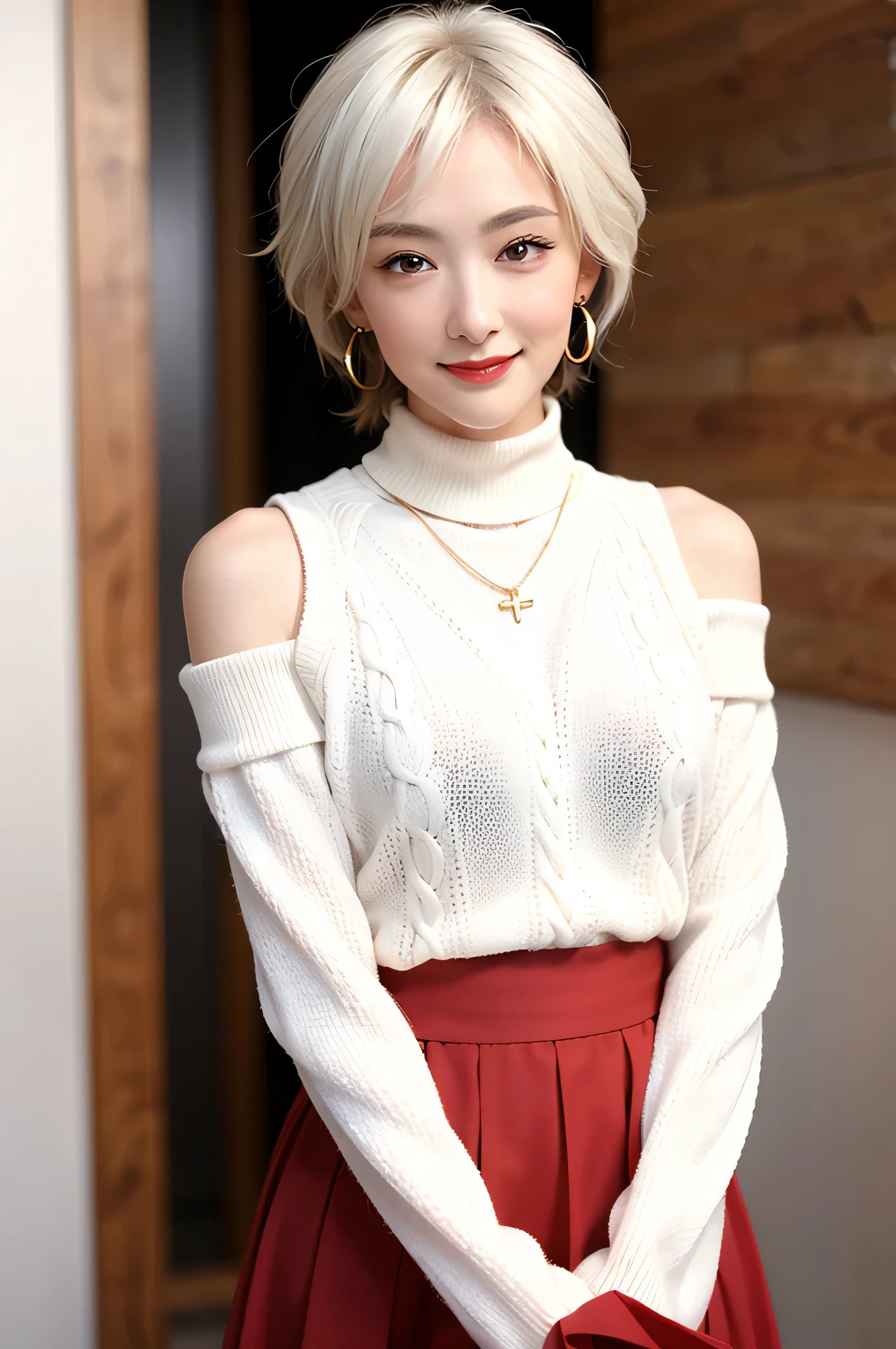 (red lips:1.4), full body, (turtleneck cable knit oversize sweater dress:1.5), , 1girl,solo,
(8k, RAW photo, best quality, masterpiece:1.3),(realistic, photo-realistic:1.37),realistic skin texture,(photorealistic:1.3),(hyperrealistic:1.2), (short hair:1.4) , seducting pose, (white colored clothes:1.7), (white hair:1.7), (seducting smile:1.4), (detached sleeves:1.4), (cheek dimples:1.4), (narrow shoulders:1.7), earrings, golden necklace, 