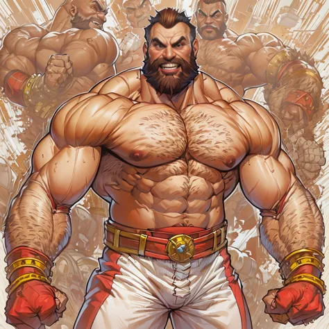Zangief, brown hair, brown eyes, beard,  chest hair,  muscular,   elbow pads,  arm bands, 
topless male,  red and white tight pa...