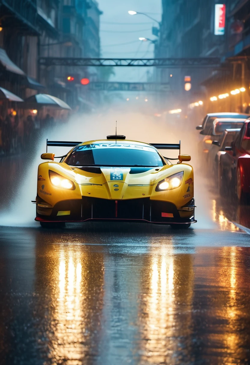 movie scene，Close-up，(Looking directly at the out-of-control car)，(A high-speed racing car is rushing towards the camera)，(Track on a rainy night:1.5)，it&#39;s foggy，Dazzling anamorphic lens flare，Dramatic Lighting，(high speed photography)，(Motion Blur:1.5)，Award-winning photography，fear and panic