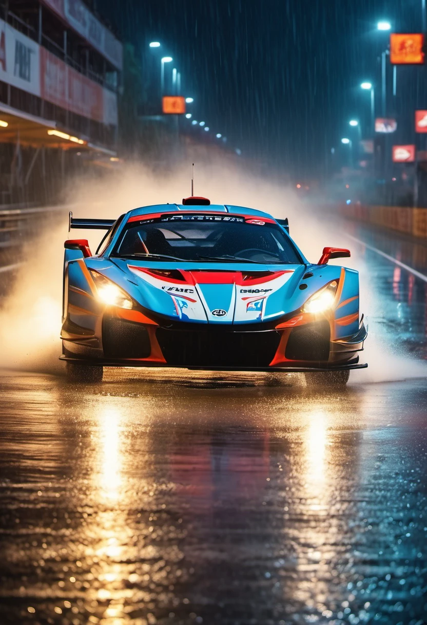 movie scene，Close-up，(Looking directly at the out-of-control car)，(A high-speed racing car is rushing towards the camera)，(Track on a rainy night:1.5)，it&#39;s foggy，Dazzling anamorphic lens flare，Dramatic Lighting，(high speed photography)，(Motion Blur:1.5)，Award-winning photography，fear and panic