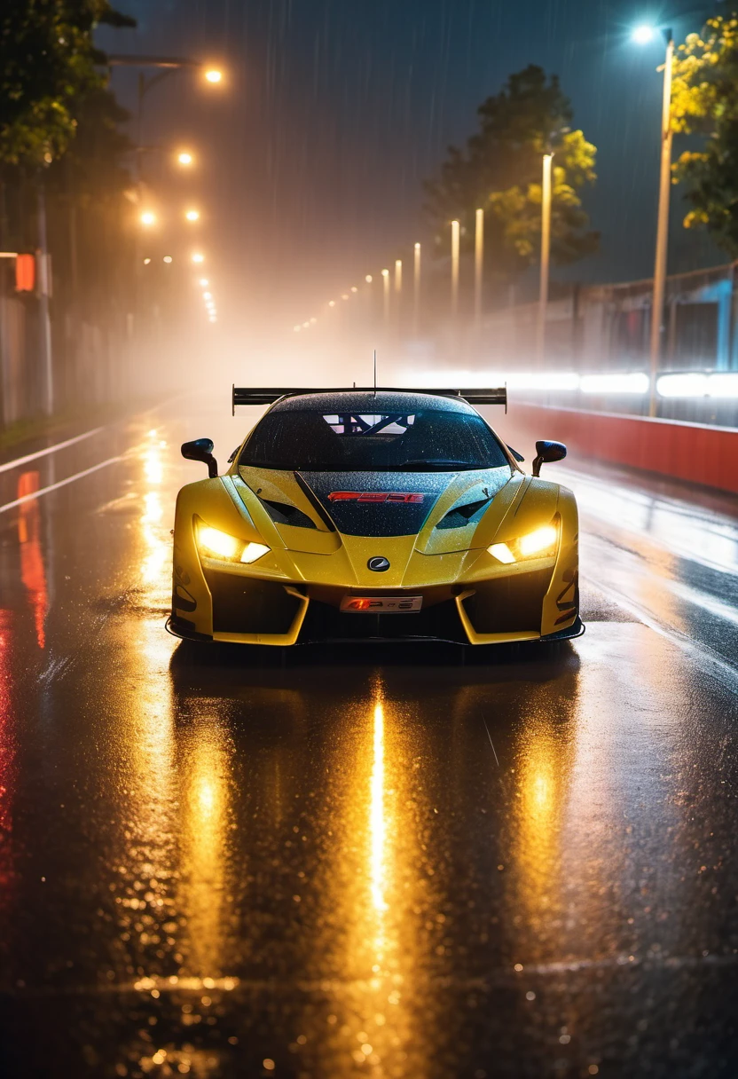 movie scene，Close-up，(Looking directly at the out-of-control car)，(A high-speed racing car is rushing towards the camera)，(Track on a rainy night:1.5)，it&#39;s foggy，Dazzling anamorphic lens flare，Dramatic Lighting，(high speed photography)，(Motion Blur:1.5)，Award-winning photography，fear and panic