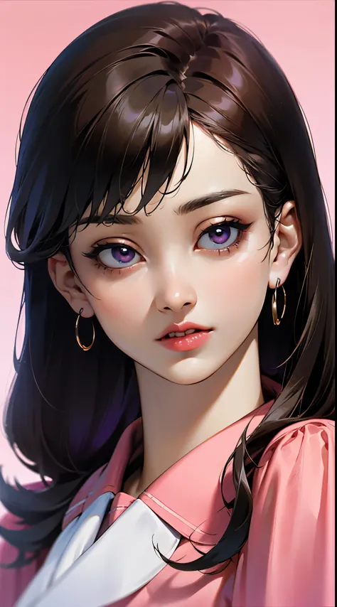 Girl, long soft brown hair, sharp features, white skin, pink lips, purple shirt