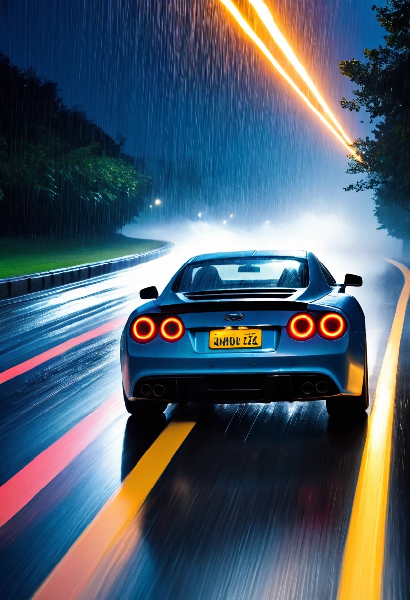 movie scene，Close-up，(Looking directly at the out-of-control car)，(A high-speed racing car is rushing towards the camera)，(Track on a rainy night:1.5)，it&#39;s foggy，Dazzling anamorphic lens flare，Dramatic Lighting，(high speed photography)，(Motion Blur:1.5)，Award-winning photography，fear and panic