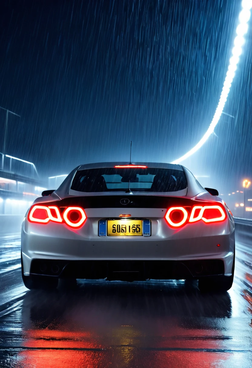 movie scene，Close-up，(Looking directly at the out-of-control car)，(A high-speed racing car is rushing towards the camera)，(Track on a rainy night:1.5)，it&#39;s foggy，Dazzling anamorphic lens flare，Dramatic Lighting，(high speed photography)，(Motion Blur:1.5)，Award-winning photography，fear and panic