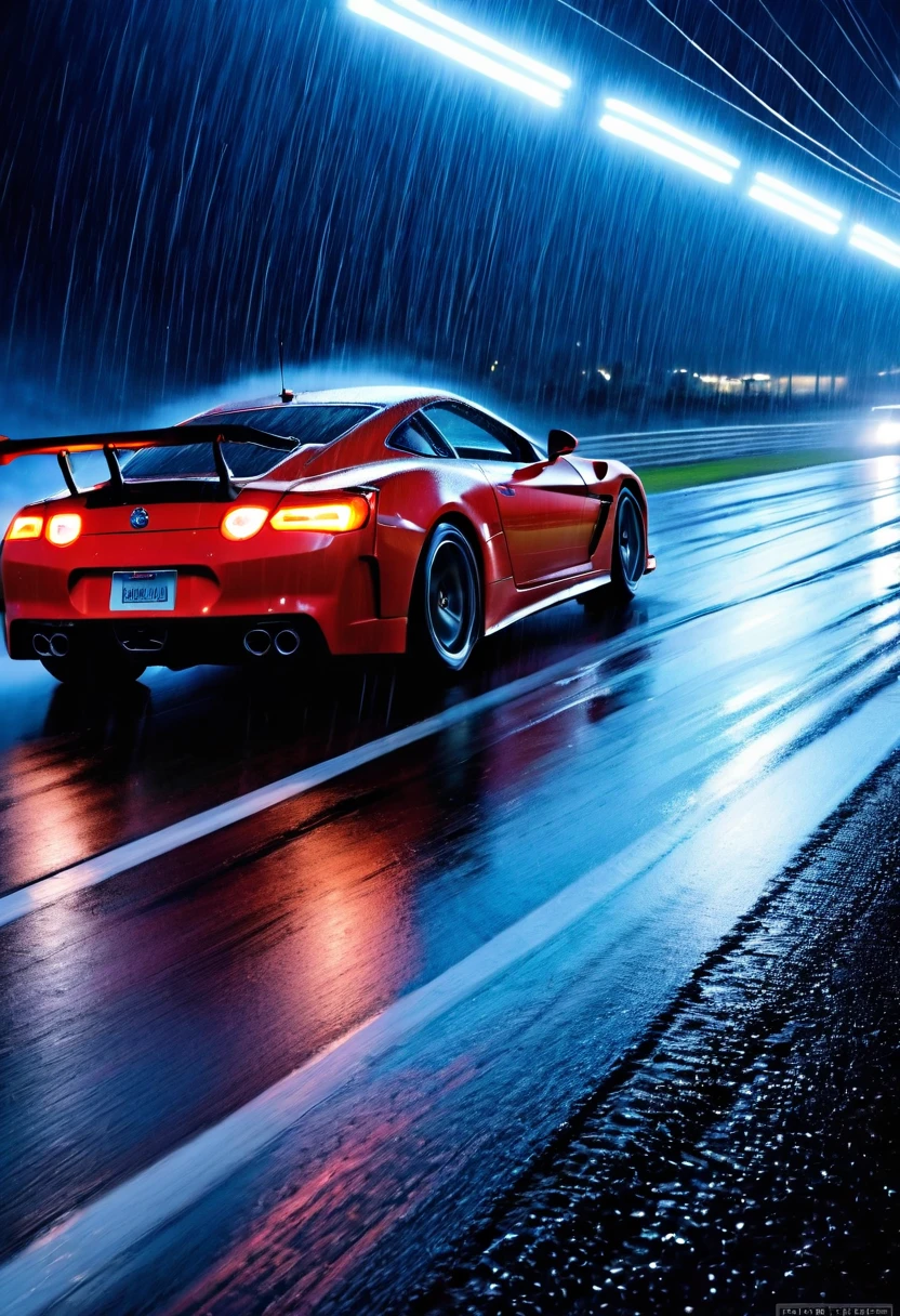 movie scene，Close-up，(Looking directly at the out-of-control car)，(A high-speed racing car is rushing towards the camera)，(Track on a rainy night:1.5)，it&#39;s foggy，Dazzling anamorphic lens flare，Dramatic Lighting，(high speed photography)，(Motion Blur:1.5)，Award-winning photography，fear and panic