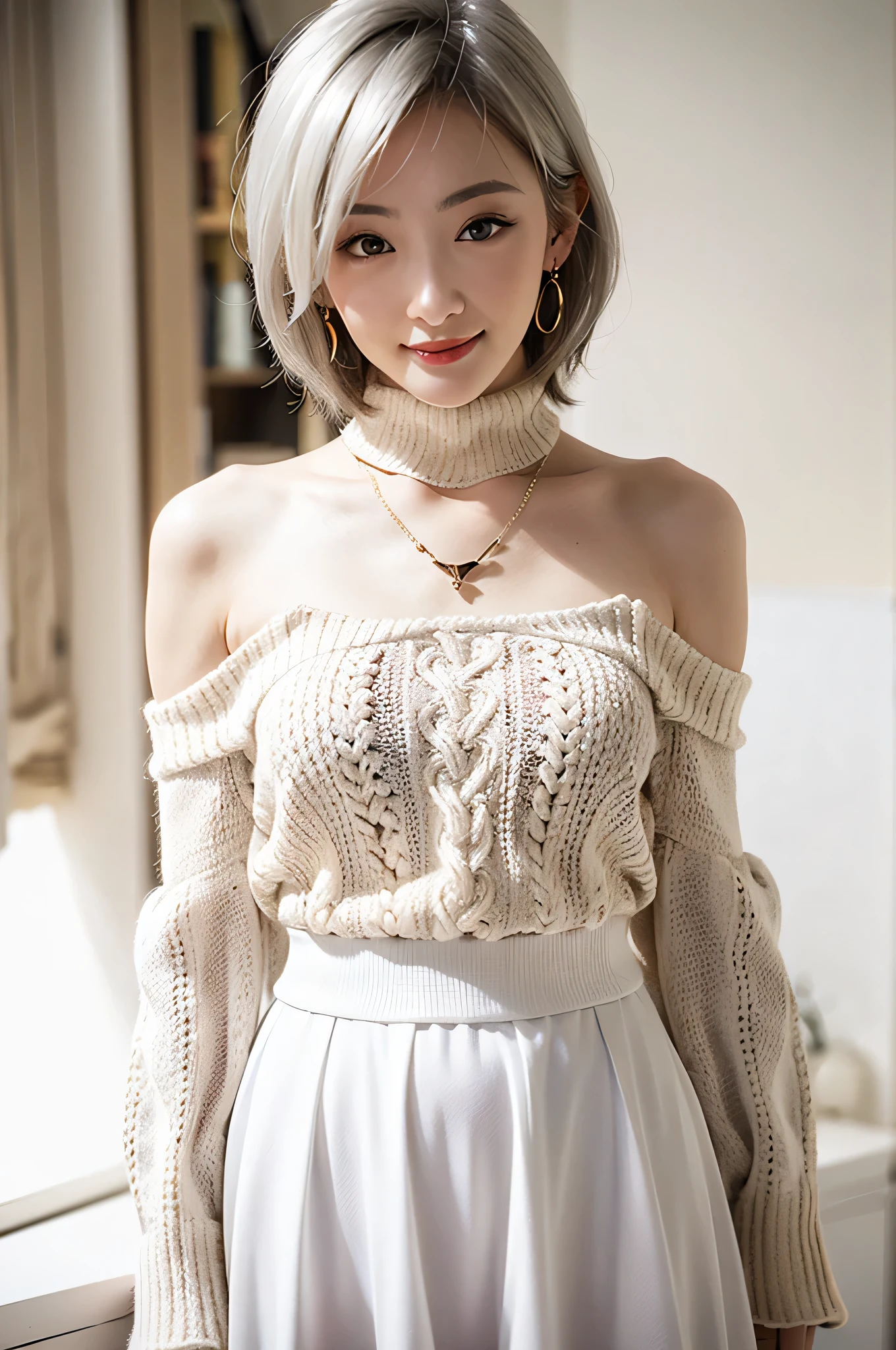 (red lips:1.4), full body, (turtleneck cable knit oversize sweater dress:1.5), , 1girl,solo,
(8k, RAW photo, best quality, masterpiece:1.3),(realistic, photo-realistic:1.37),realistic skin texture,(photorealistic:1.3),(hyperrealistic:1.2), (short hair:1.4) , seducting pose, (white colored clothes:1.7), (white hair:1.7), (seducting smile:1.4), (detached sleeves:1.4), (cheek dimples:1.4), (narrow shoulders:1.7), earrings, golden necklace, 