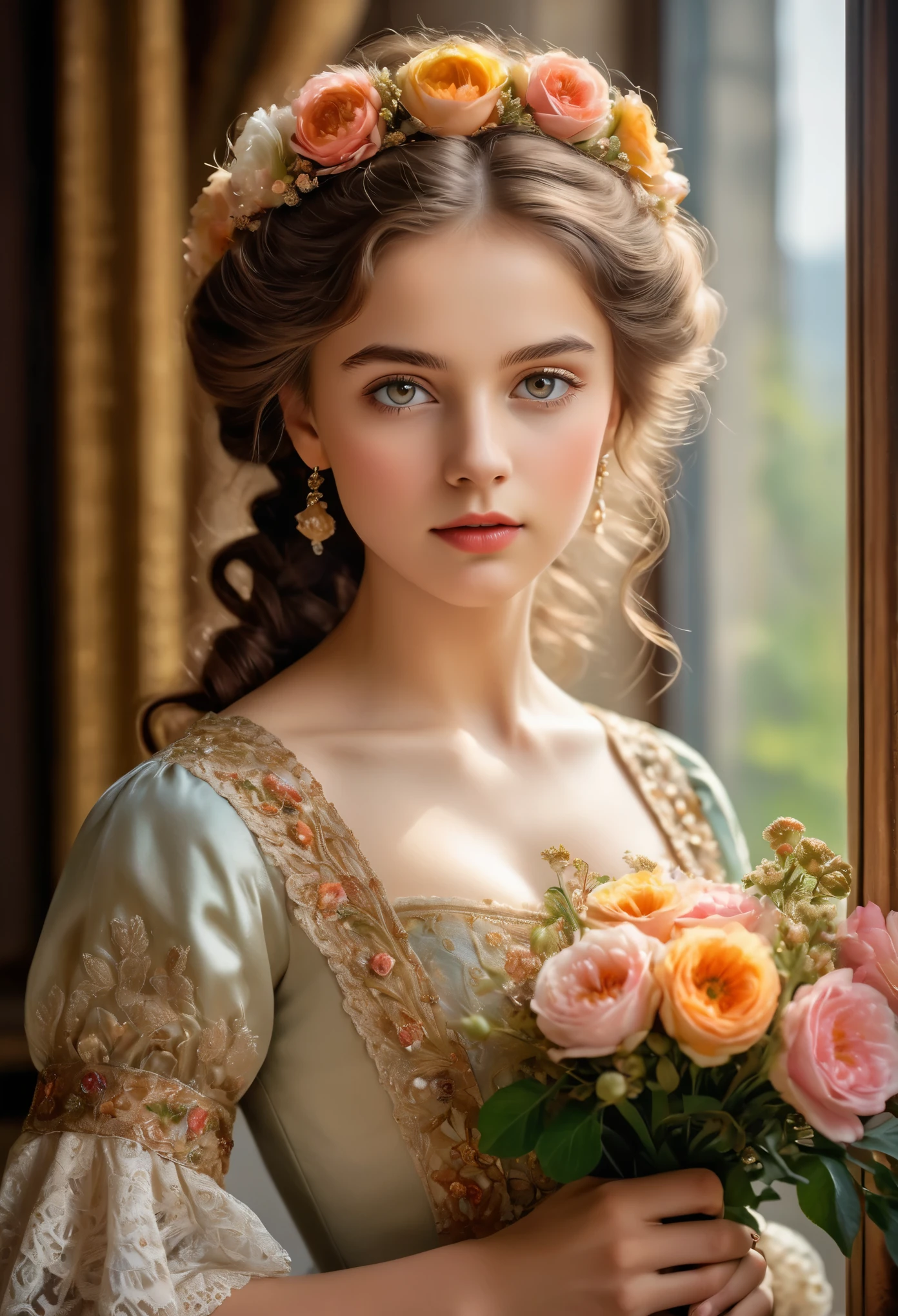 Portrait of a Beautiful 16-year-old German Girl in 19th Century Munich 

medium: oil painting
beautiful detailed eyes, beautiful detailed lips, extremely detailed eyes and face, long eyelashes
chestnut brown hair in elaborate curls, styled with a delicate floral hair accessory
elegant and ornate dress in vibrant colors, adorned with delicate lace and embroidery
perfectly manicured hands holding a bouquet of fresh flowers
soft and glowing skin, with a healthy rosy complexion
subtle expression of youthful innocence and curiosity in her eyes
graceful posture and gentle smile, radiating timeless charm
faint sunlight gently filtering through a window, casting a warm glow on her face
impeccable attention to lighting and shading, emphasizing the girl's natural beauty
rich and vibrant color palette, capturing the elegance and opulence of 19th century Munich
subtle brushstrokes and fine details, showcasing the artist's skill and mastery of the medium
(masterpiece:1.2), ultra-detailed, (photorealistic:1.37), HDR, UHD, professional
classic portrait style, reminiscent of the great masters of the era
overall warm and inviting atmosphere, transporting the viewer to a bygone era
