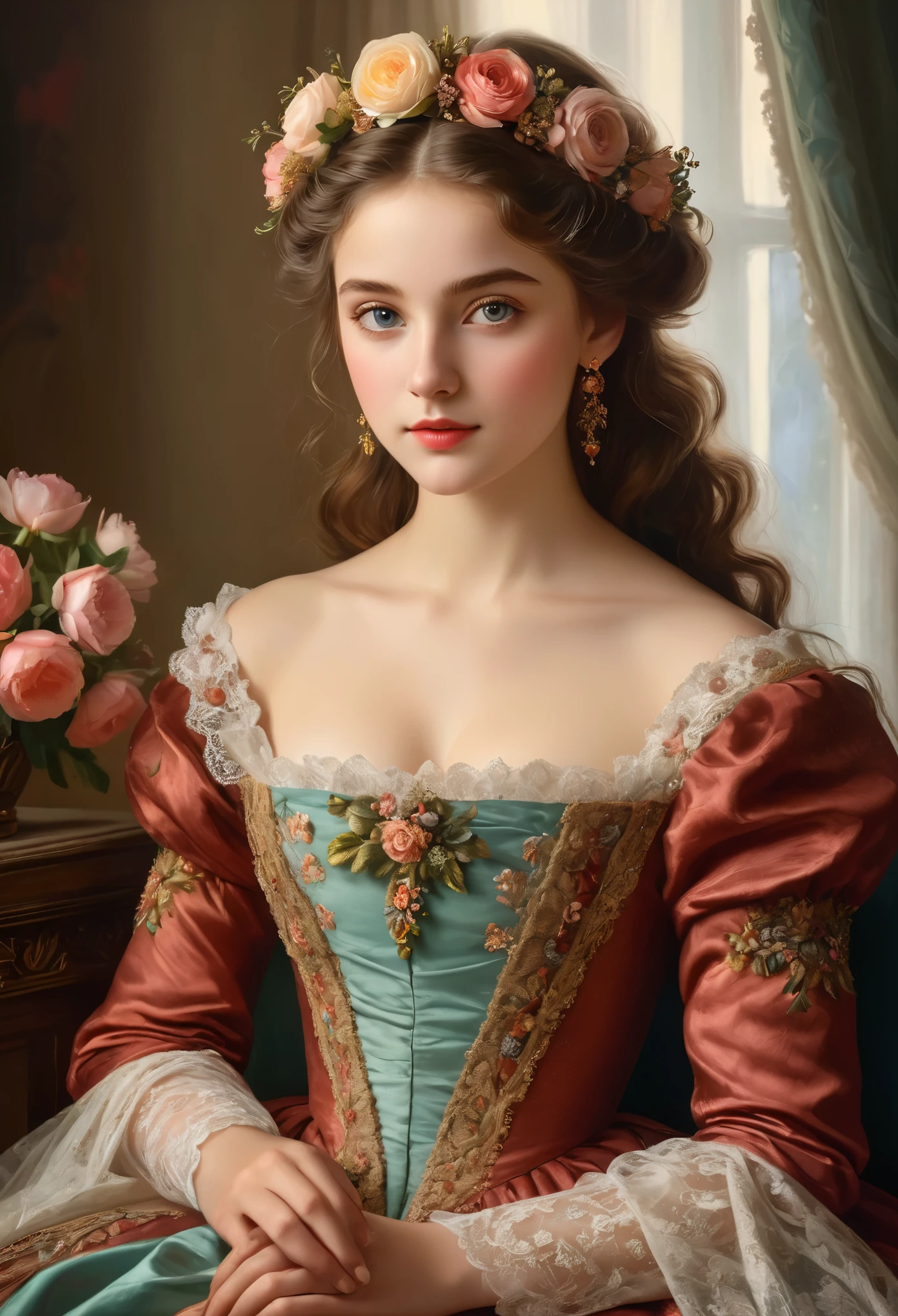 Portrait d'une belle fille allemande du XIXe siècle à Munich 

médium: peinture à l&#39;huile de beaux yeux détaillés, belles lèvres détaillées, yeux et visage extrêmement détaillés, longs cils cheveux châtains en boucles élaborées, porté avec un délicat accessoire pour cheveux à fleurs, une robe élégante et ornée de couleurs vives, orné de dentelles délicates et de broderies mains parfaitement entretenues tenant un bouquet de fleurs fraîches peau douce et éclatante, avec un teint rose et sain, expression subtile de l&#39;innocence et de la curiosité de la jeunesse dans ses yeux, posture gracieuse et sourire doux, rayonnant un charme intemporel, la faible lumière du soleil filtre doucement à travers une fenêtre, projetant une lueur chaleureuse sur son visage, attention impeccable à l&#39;éclairage et à l&#39;ombrage, mettant l&#39;accent sur la beauté naturelle de la fille, une palette de couleurs riche et vibrante, capturant l&#39;élégance et l&#39;opulence des coups de pinceau subtils et des détails fins de Munich du 19e siècle, mettant en valeur le talent de l&#39;artiste et la maîtrise du médium
(chef-d&#39;œuvre:1.2), ultra-détaillé, (Photoréaliste:1.37), HDR, UHD, style de portrait classique professionnel, rappelant les grands maîtres de l&#39;époque ambiance générale chaleureuse et invitante, transporter le spectateur dans une époque révolue