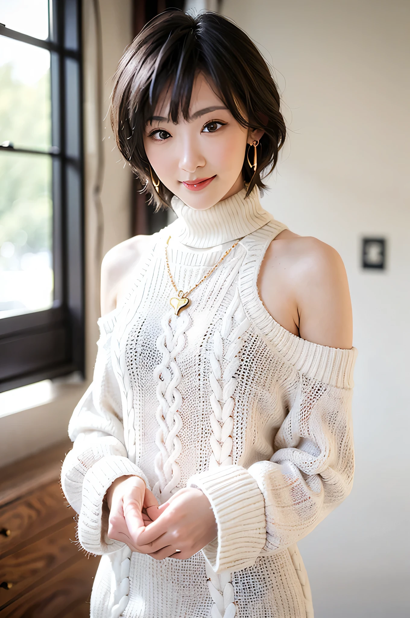 (red lips:1.4), full body, (turtleneck cable knit oversize sweater dress:1.5), , 1girl,solo,
(8k, RAW photo, best quality, masterpiece:1.3),(realistic, photo-realistic:1.37),realistic skin texture,(photorealistic:1.3),(hyperrealistic:1.2), (short hair:1.4) , seducting pose, (white colored clothes:1.7), (white hair:1.7), (seducting smile:1.4), (detached sleeves:1.4), (cheek dimples:1.4), (narrow shoulders:1.7), earrings, golden necklace, 