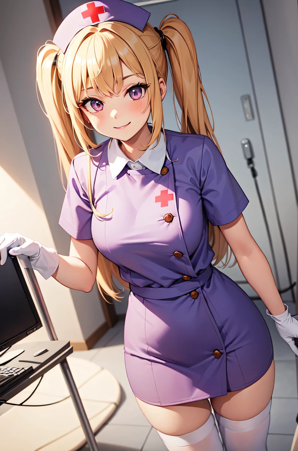 1fille, seulement, infirmière, infirmière cap, white infirmière uniform, ((leggings blancs, zettaï ryôiki)), gants blancs, Twintails, cheveux jaunes, [yeux violets, sourire, debout, ((chambre d&#39;hôpital)), contour net, manches courtes, Meilleure qualité, chef-d&#39;œuvre