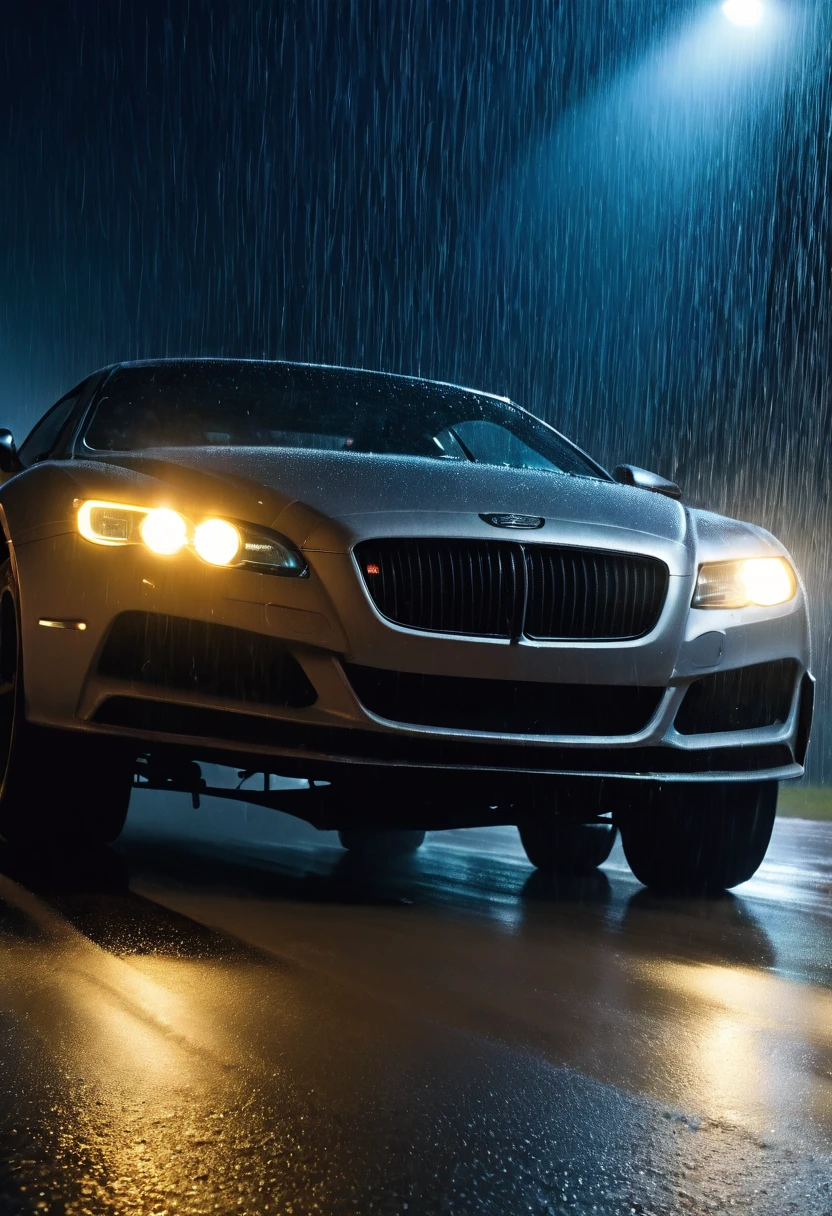 movie scene，Close-up，(Looking directly at the out-of-control car)，(A high-speed racing car is rushing towards the camera)，(Track on a rainy night:1.5)，it&#39;s foggy，Dazzling anamorphic lens flare，Dramatic Lighting，(high speed photography)，(Motion Blur:1.5)，Award-winning photography，fear and panic