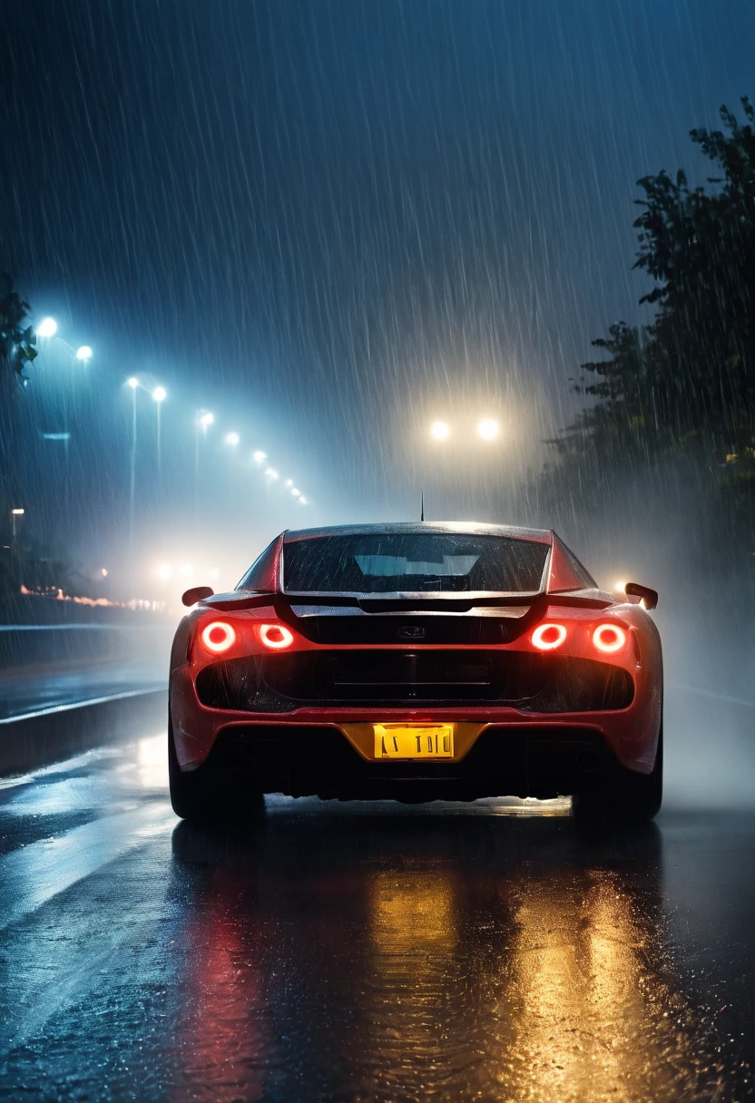 movie scene，Close-up，(Looking directly at the out-of-control car)，(A high-speed racing car is rushing towards the camera)，(Track on a rainy night:1.5)，it&#39;s foggy，Dazzling anamorphic lens flare，Dramatic Lighting，(high speed photography)，(Motion Blur:1.5)，Award-winning photography，fear and panic