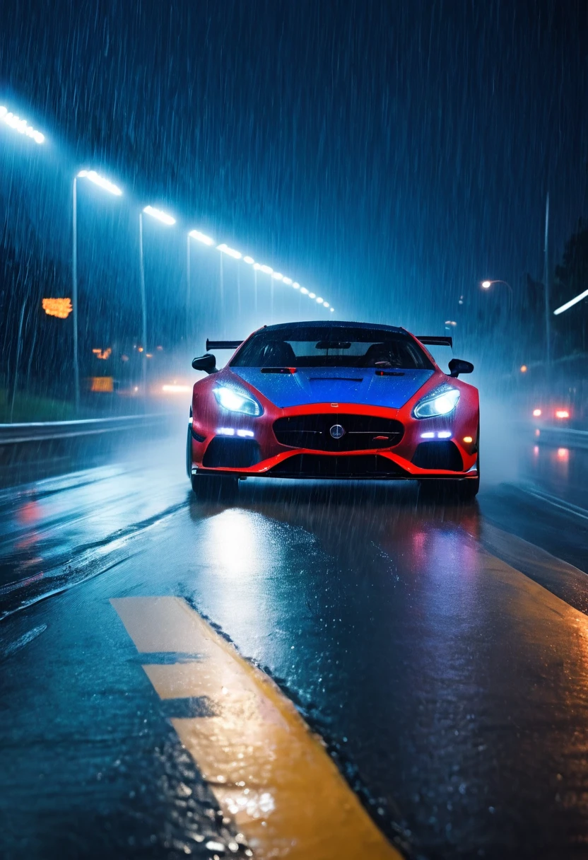 movie scene，Close-up，(Looking directly at the out-of-control car)，(A high-speed racing car is rushing towards the camera)，(Track on a rainy night:1.5)，it&#39;s foggy，Dazzling anamorphic lens flare，Dramatic Lighting，(high speed photography)，(Motion Blur:1.5)，Award-winning photography，fear and panic