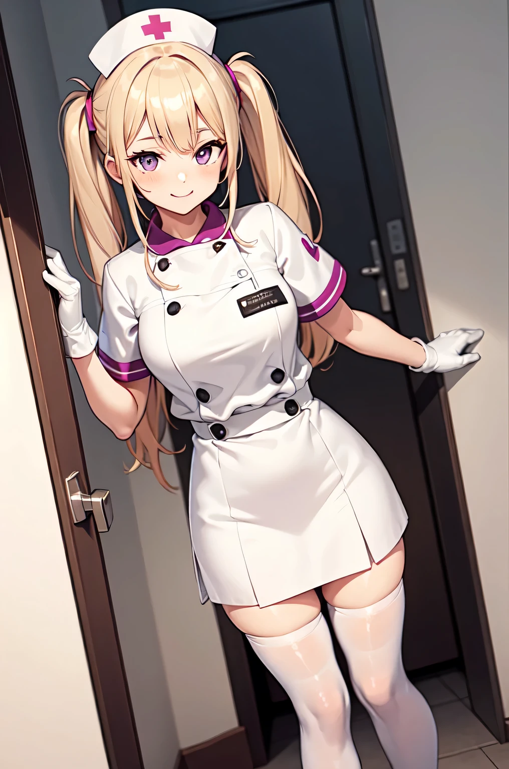 1girl, solo, nurse, nurse cap, white nurse uniform, ((white legwear, zettai ryouiki)), white gloves, twintails, yellow hair, purple eyes, smile, standing, ((hospital room)), sharp outline, short sleeves, best quality, masterpiece