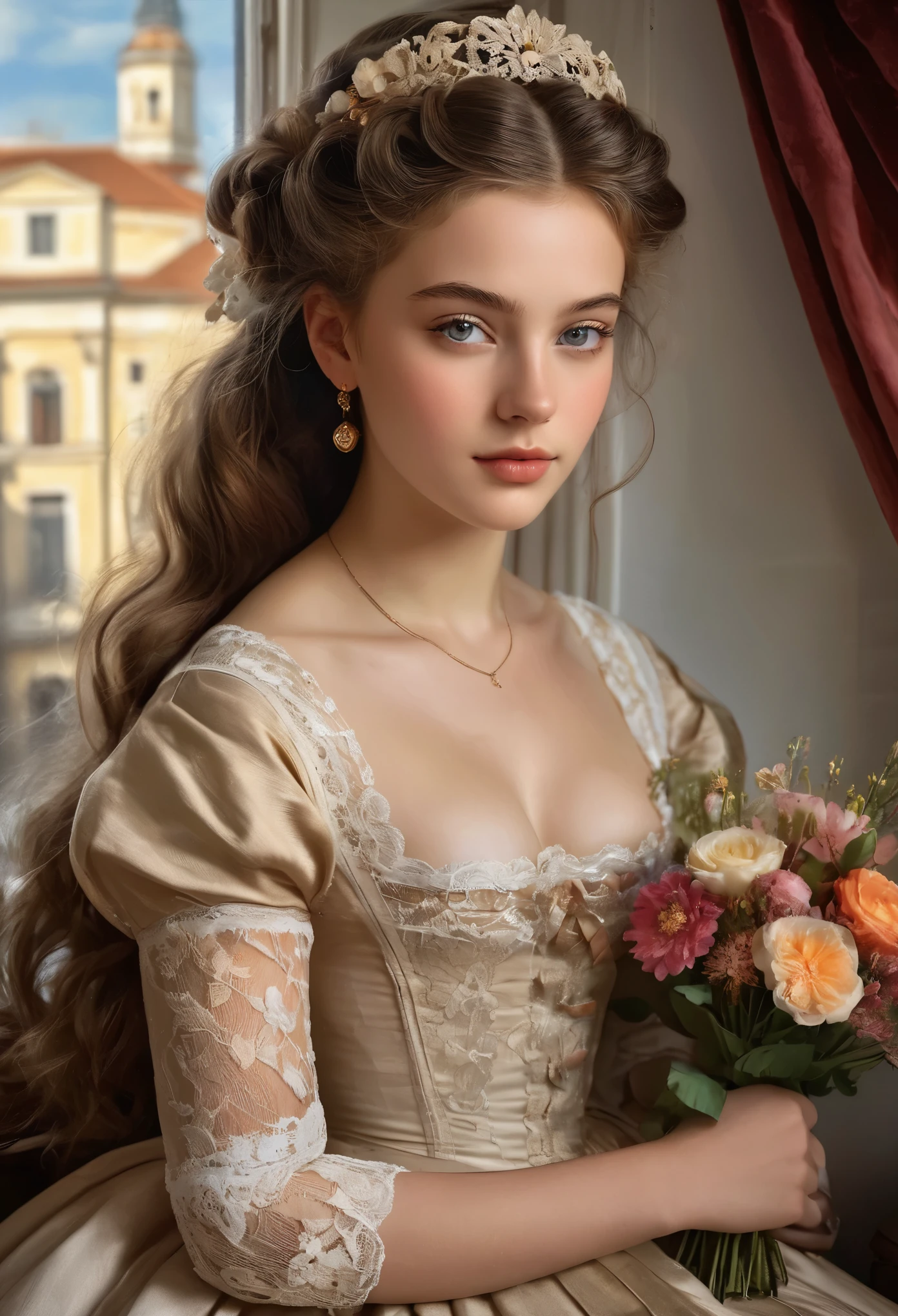 Portrait of a Beautiful 16-year-old German Girl in 19th Century Munich 

medium: oil painting
beautiful detailed eyes, beautiful detailed lips, extremely detailed eyes and face, long eyelashes
chestnut brown hair in elaborate curls, styled with a delicate floral hair accessory
elegant and ornate dress in vibrant colors, adorned with delicate lace and embroidery
perfectly manicured hands holding a bouquet of fresh flowers
soft and glowing skin, with a healthy rosy complexion
subtle expression of youthful innocence and curiosity in her eyes
graceful posture and gentle smile, radiating timeless charm
faint sunlight gently filtering through a window, casting a warm glow on her face
impeccable attention to lighting and shading, emphasizing the girl's natural beauty
rich and vibrant color palette, capturing the elegance and opulence of 19th century Munich
subtle brushstrokes and fine details, showcasing the artist's skill and mastery of the medium
(masterpiece:1.2), ultra-detailed, (photorealistic:1.37), HDR, UHD, professional
classic portrait style, reminiscent of the great masters of the era
overall warm and inviting atmosphere, transporting the viewer to a bygone era