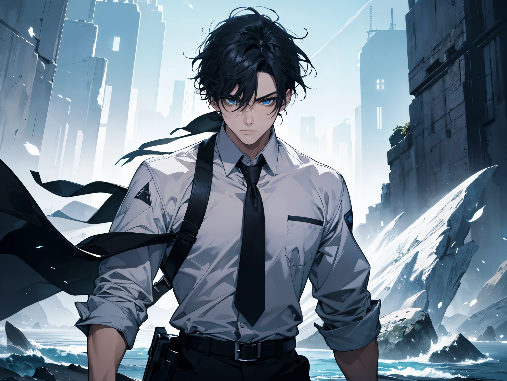 1 male,, 26 year old, masculine, short black hair, Attractive, red tie, White shirt, Rolled up sleeves, Black belt, Black pants, eyes of ocean color, Beautiful blue eyes、beautiful hair、no expression, holding a sky blue sword, black hilt, Trending on ArtStation, 8K resolution, Highly detailed, Anatomically correct, Sharp Image, Digital Painting, Concept art, of the highest quality、snowy forest background, flying pages