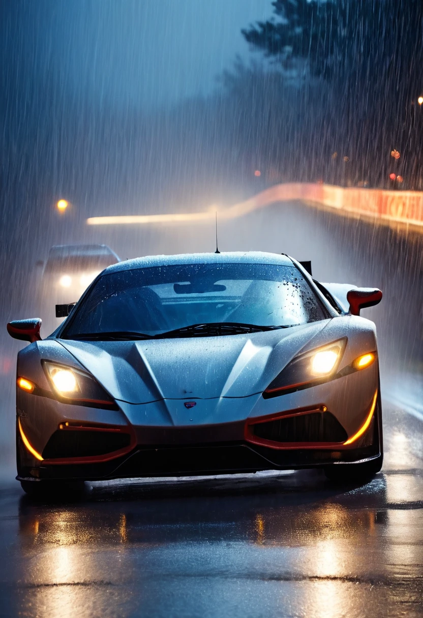 movie scene，Close-up，(Looking directly at the out-of-control car)，(A high-speed racing car is rushing towards the camera)，(Track on a rainy night:1.5)，it&#39;s foggy，Dazzling anamorphic lens flare，Dramatic Lighting，(high speed photography)，(Motion Blur:1.5)，Award-winning photography，fear and panic