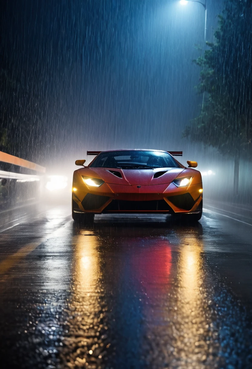 movie scene，Close-up，(Looking directly at the out-of-control car)，(A high-speed racing car is rushing towards the camera)，(Track on a rainy night:1.5)，it&#39;s foggy，Dazzling anamorphic lens flare，Dramatic Lighting，(high speed photography)，(Motion Blur:1.5)，Award-winning photography，fear and panic