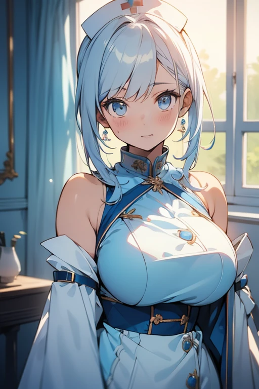 anime,1girl,pov,masterpiece,high quality,High resolution,HD,4K,8K,viscous paint,photo realistic,white hair,(Blue clothe:1.5),Nurse,Ao Dai,Cape,(open shoulders:1.4),underbust,(bustshaping:1.2),(boob shaped clothes:1.3),