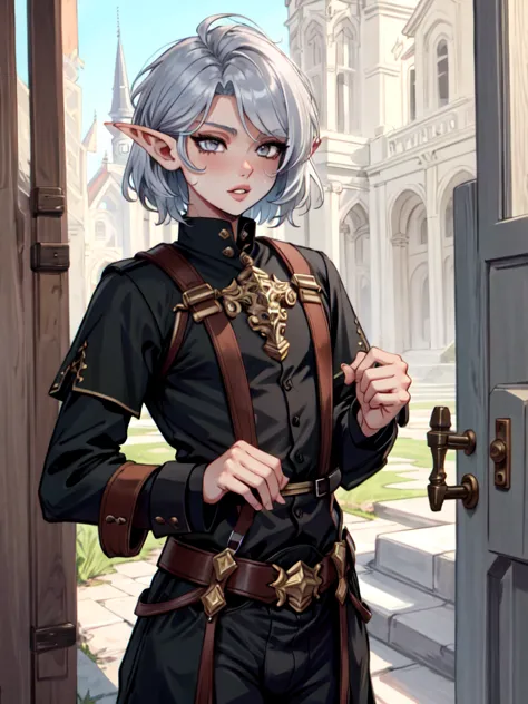 elf, fey, short hair, silver hair, short silver hair, silver eyes, femboy, male, enchanting, fair skin, full lips, modern outfit