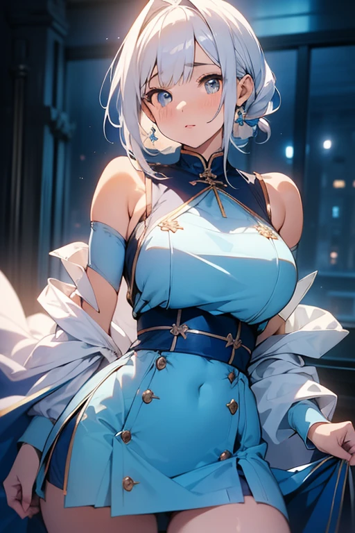 anime,1girl,pov,masterpiece,high quality,High resolution,HD,4K,8K,viscous paint,photo realistic,white hair,(Blue clothe:1.5),Nurse,Ao Dai,Cape,(open shoulders:1.4),underbust,(breastshaping:1.2),(boob shaped clothes:1.3),Tight Skirt,Clothes full of gaps