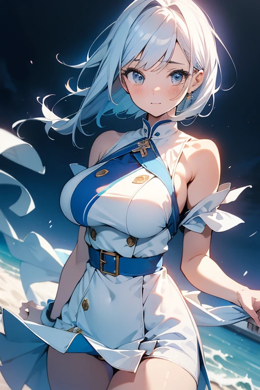 anime,1girl,pov,masterpiece,high quality,High resolution,HD,4K,8K,viscous paint,photo realistic,white hair,(Blue clothe:1.5),Nurse,Ao Dai,Cape,(open shoulders:1.4),underbust,(breastshaping:1.2),(boob shaped clothes:1.3),Tight Skirt,Clothes full of gaps