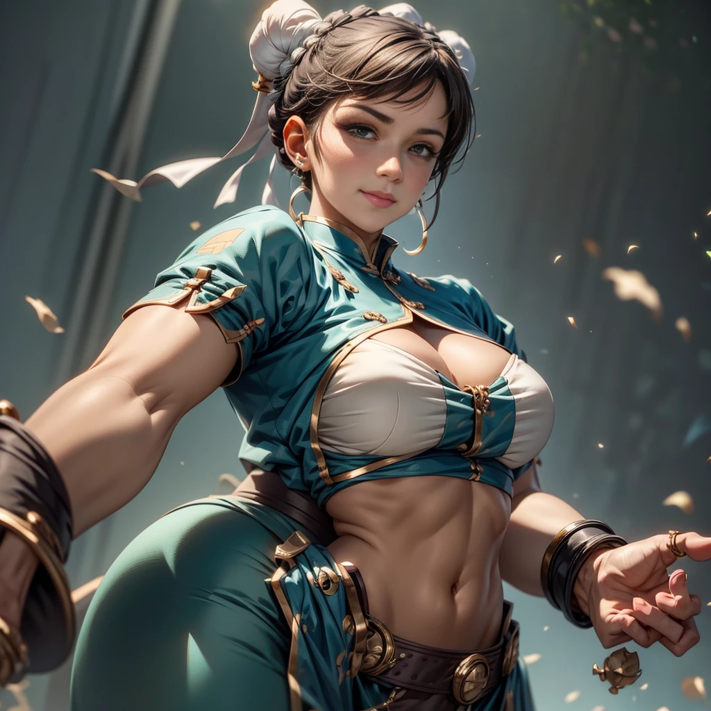 Chunli lindo em posição de luta, clube de luta subterrâneo, de pé, Sorriso leve, (Insanamente detalhado, Lindo rosto detalhado, obra de arte, melhor qualidade), (Sozinho), tiro de vaqueiro.