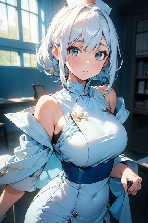 anime,1girl,pov,masterpiece,high quality,High resolution,HD,4K,8K,viscous paint,photo realistic,white hair,(Blue clothe:1.5),Nurse,Ao Dai,Cape,(open shoulders:1.4),underbust,(breastshaping:1.2),(boob shaped clothes:1.3),mini tight Skirt,Clothes full of gaps