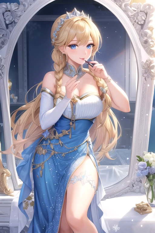 (masterpiece:1.2), (highest quality), (Super detailed), (8k, 4K, Complex),(full body shot:1), (Very detailed:1.2),(Detailed face:1.2), (Detailed Background),Detailed landscape, (Dynamic pose:1.2), Elsa, One girl, alone, Long Hair, smile, blue eyes, Blonde, dress, Braiding, single Braiding, compensate, Hair that falls over the shoulders, eye shadow, Crystal of snow,Applying lipstick while looking in the mirror